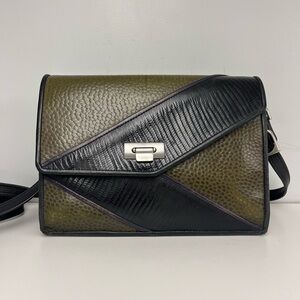 Preloved Vintage Olive Green, Black and Purple Leather Crossbody